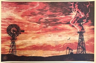 a picture of a painting of a windmill and a windmill on a field