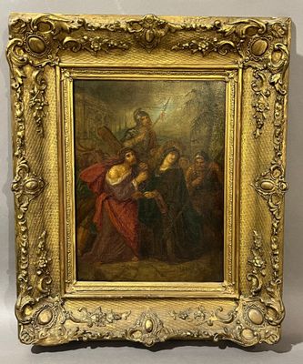 un tableau représentant un tableau où l'on voit un homme tenant une femme dans ses bras
