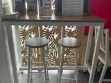 two stools in front of a counter in a restaurant