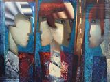 tableau représentant une femme coiffée d'un chapeau rouge sur fond bleu