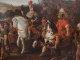 a painting of a man on a horse being led by a group of men