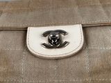 chanel beige canvas and leather clutch bag with silver cc logo