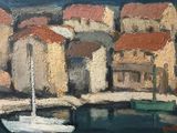 a painting of a sailboat in a harbor with buildings in the background