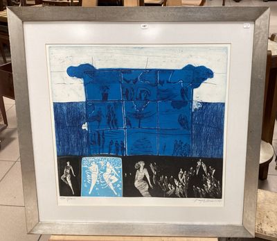 tableau encadré représentant un homme et une femme sur une plage, dans des tons bleus et blancs