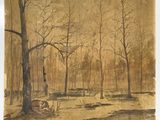 l'image d'une peinture représentant une rivière avec des arbres en arrière-plan