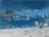 tableau représentant une scène de plage avec des personnes assises sur le sable et des bateaux dans l'eau