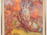 an image of a painting of a horse with flowers in its mouth
