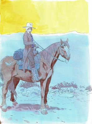 tableau représentant un homme à cheval dans le désert, coiffé d'un chapeau