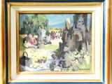 a painting of a group of people sitting in a park
