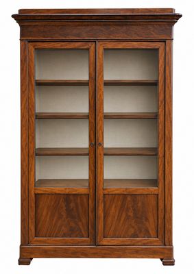 a large wooden bookcase with glass doors and shelves