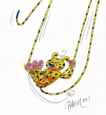 drawing of a cheetah on a swing with a flower in its mouth