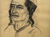 un vieux dessin d'une femme avec un chapeau sur la tête