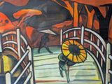 a painting of a woman with an umbrella walking across a bridge