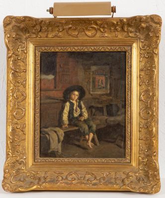 an old painting of a boy sitting on a bench in a room
