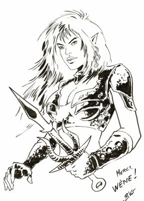 un dessin en noir et blanc représentant une femme armée d'une épée