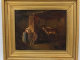 an oil painting of a woman milking a cow in a barn
