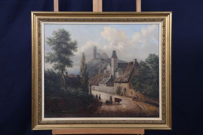une peinture à l'huile représentant une scène de village, posée sur un chevalet, sur fond bleu