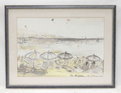 painting of a beach scene with umbrellas and people on the sand