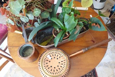 une table en bois sur laquelle se trouve une plante en pot