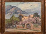une peinture à l'huile représentant un paysage avec une maison et des montagnes en arrière-plan