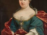 portrait d'une dame en robe verte et cape rouge