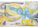 un tableau représentant des fruits bleus et jaunes posés sur une table