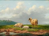 un tableau représentant des moutons et des poulets dans un champ près d'un ruisseau
