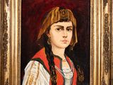 un tableau représentant une femme vêtue d'une robe rouge et blanche