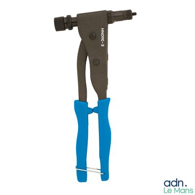 a close up of a pliers with blue handles on a white background
