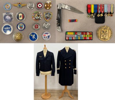 plusieurs photos différentes d'uniformes militaires et de médailles exposées sur un mannequin