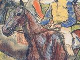 a drawing of two jockeys riding horses in a field