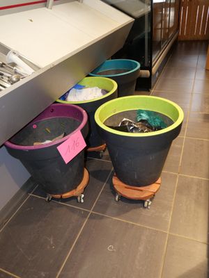 three buckets that are sitting on wheels in a kitchen
