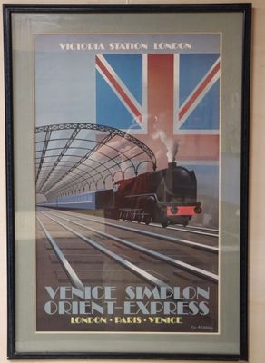 peinture représentant un train sur une voie ferrée, sur lequel figure un drapeau britannique