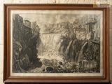 une vieille photo représentant une peinture d'une cascade, dans un cadre en bois