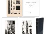 four black and white photographs of a cat and a book