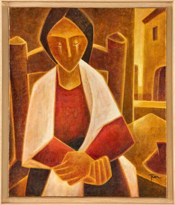 une peinture à l'huile représentant une femme en train de lire un livre devant un immeuble