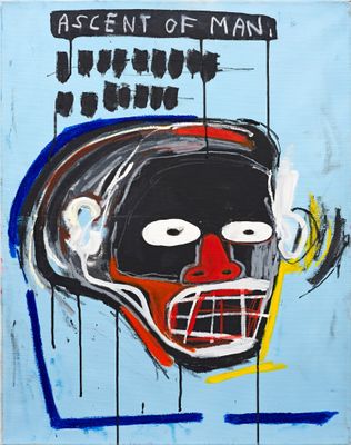 an abstract painting of a man ' s face on a blue background