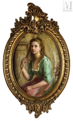 tableau représentant une femme en robe verte, assise dans un cadre doré