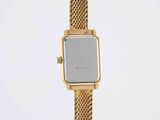 a gold watch with a mesh band and a square face