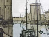 a drawing of a boat in the water near a building