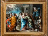 a painting of a group of people standing around a man holding a baby