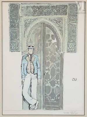 dessin représentant un homme debout devant une porte, portant un chapeau et une cravate