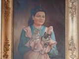 painting of a young girl holding a cat in a pink dress