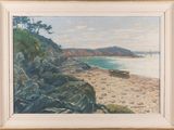 a painting of a beach scene with a boat in the water
