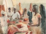 une peinture représentant un groupe de personnes assises autour d'une table