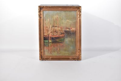 une peinture à l'huile représentant un bateau sur un plan d'eau, sur fond blanc