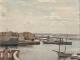 a painting of a harbor with boats in the water