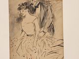 drawing of a man and a woman standing in front of a painting