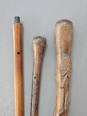 deux cannes en bois ornées de sculptures, posées l'une à côté de l'autre
