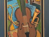 une photo d'un tableau représentant un violon et des instruments de musique